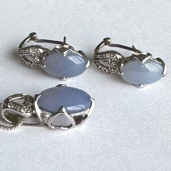 Vintage Natural Blue CHALCEDONY Sterling Silver 925 HEART Earrings Necklace SET - Picture 11 of 12